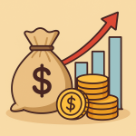 Ilustrasi digital menampilkan karung uang, koin emas, dan grafik panah naik, melambangkan konsep investasi kecil yang menghasilkan keuntungan besar.