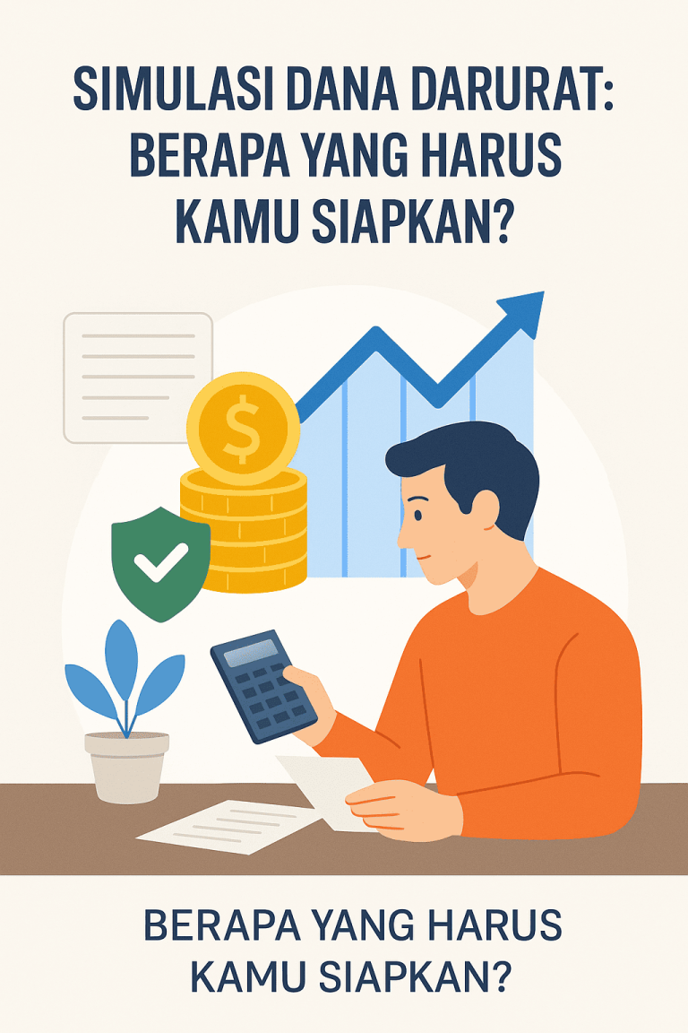 Infografis digital flat-style menampilkan seorang pria menggunakan kalkulator untuk menghitung dana darurat, dengan ikon tumpukan koin, perisai keamanan, dan grafik garis naik sebagai simbol pertumbuhan tabungan.