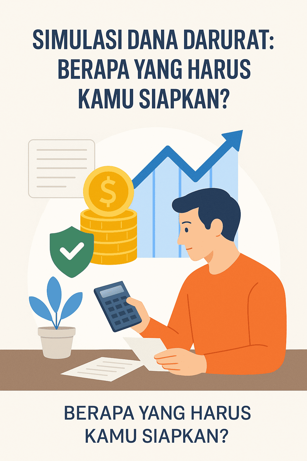 Infografis digital flat-style menampilkan seorang pria menggunakan kalkulator untuk menghitung dana darurat, dengan ikon tumpukan koin, perisai keamanan, dan grafik garis naik sebagai simbol pertumbuhan tabungan.