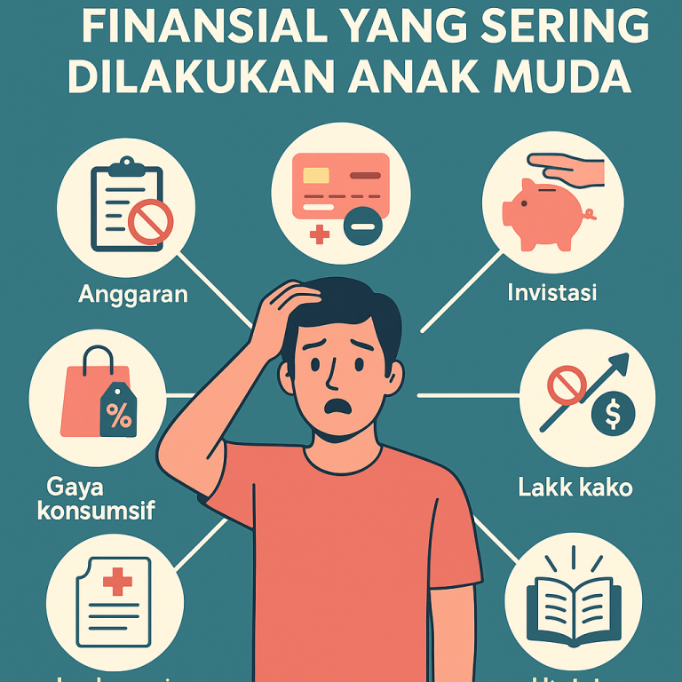 Ilustrasi kesalahan finansial anak muda, menampilkan sosok pria muda bingung dengan ikon utang kartu kredit, konsumtif, tanpa tabungan, dan tanpa asuransi.