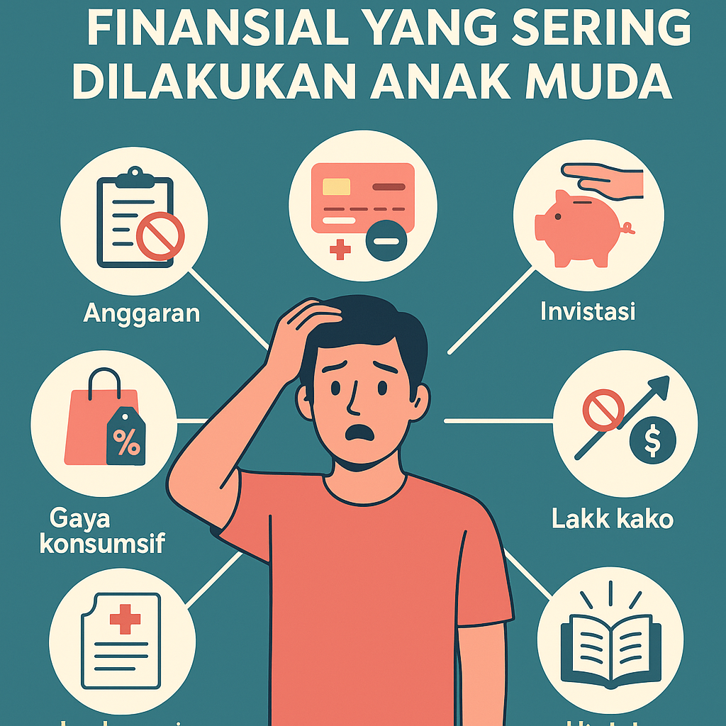 Ilustrasi kesalahan finansial anak muda, menampilkan sosok pria muda bingung dengan ikon utang kartu kredit, konsumtif, tanpa tabungan, dan tanpa asuransi.