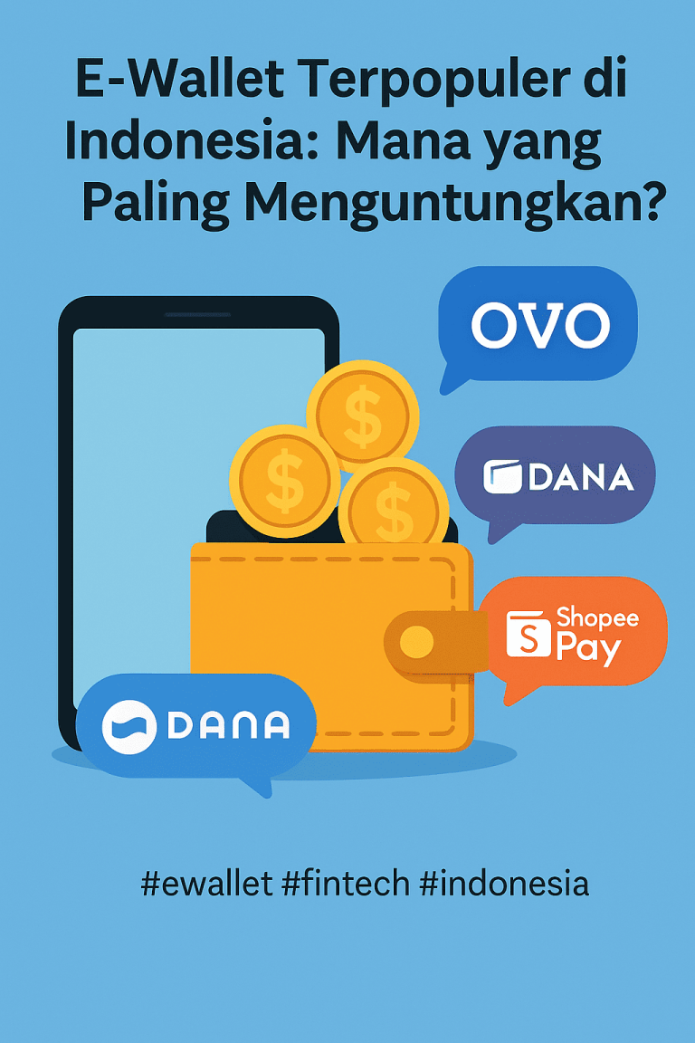Ilustrasi dompet digital dengan logo e-wallet populer Indonesia seperti GoPay, OVO, Dana, ShopeePay, dan LinkAja, menggambarkan tren fintech 2025.
