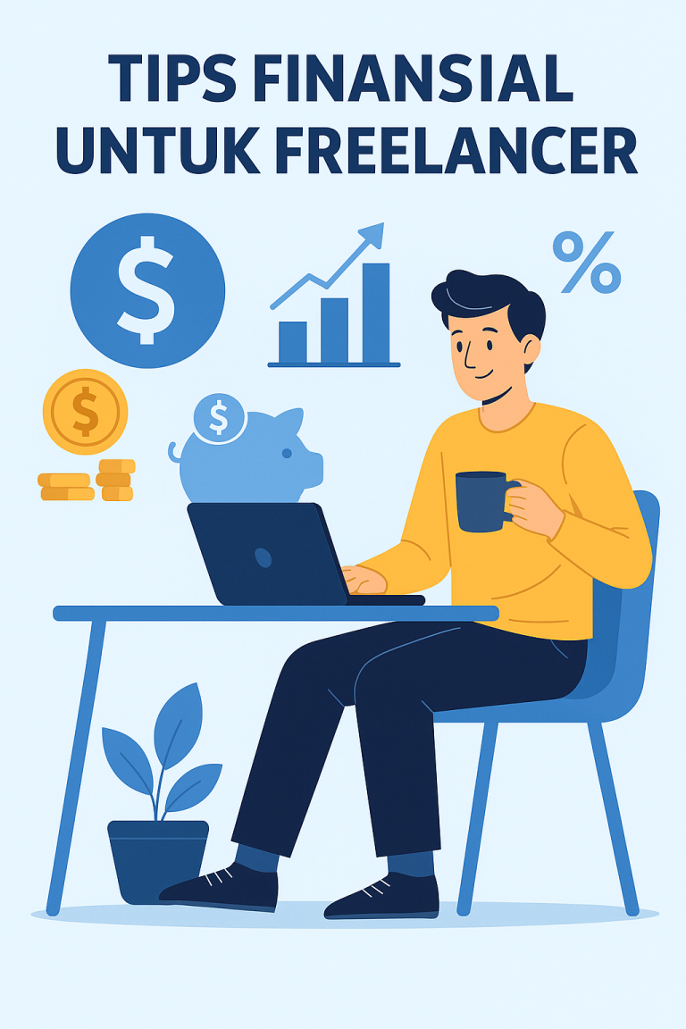 Ilustrasi flat-style menampilkan freelancer bekerja dengan laptop, sambil minum kopi, dikelilingi ikon keuangan seperti grafik naik, koin, piggy bank, dan simbol dolar, merepresentasikan tips finansial untuk freelancer.