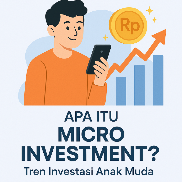 Ilustrasi digital modern menampilkan seorang anak muda memegang smartphone dengan koin bertuliskan “Rp” yang berubah menjadi grafik naik, melambangkan tren micro investment.