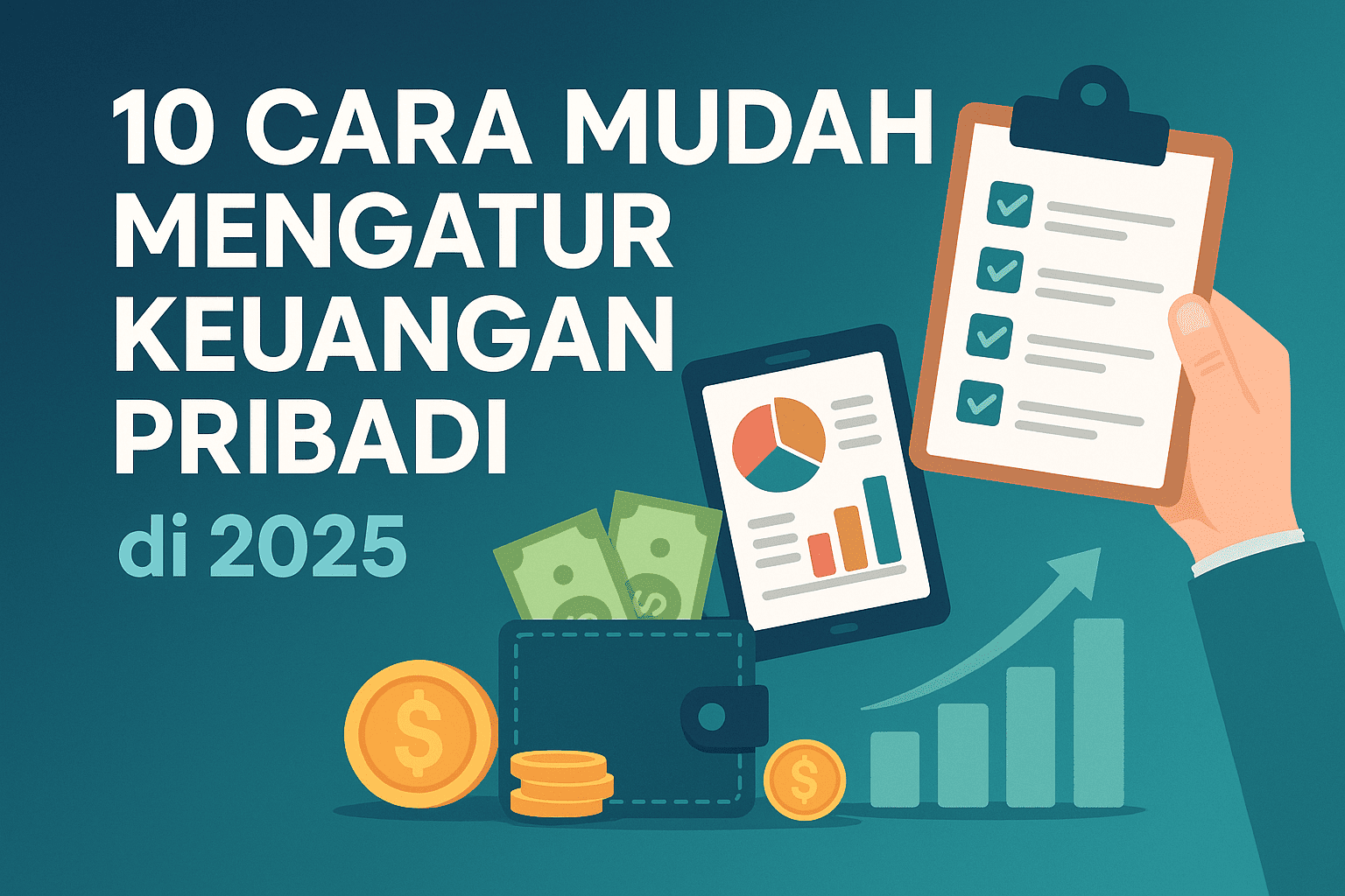 Ilustrasi cara mudah mengatur keuangan pribadi di 2025 dengan dompet digital, grafik keuangan naik, koin emas, dan checklist perencanaan.