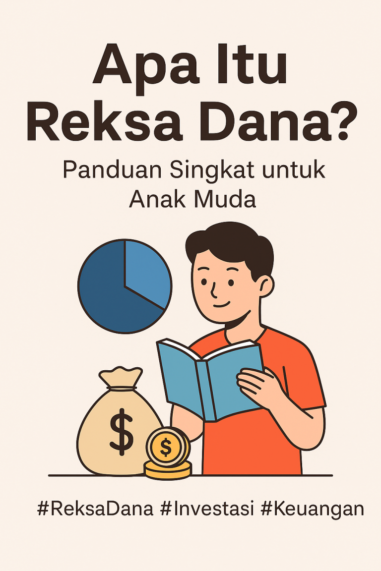 Ilustrasi digital seorang anak muda memegang buku dengan ikon grafik pie, uang koin, dan karung uang, melambangkan edukasi investasi reksa dana.