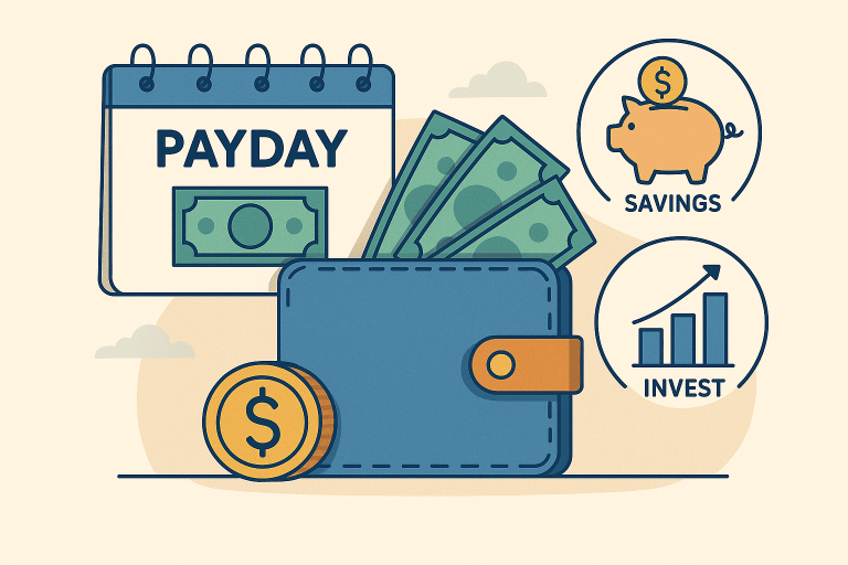 Ilustrasi digital flat-style tentang manajemen gaji bulanan, menampilkan kalender “Payday”, dompet berisi uang, ikon tabungan dengan celengan, dan grafik investasi.
