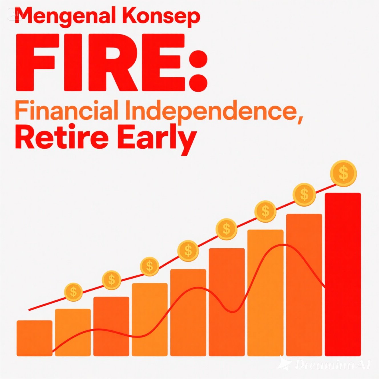lustrasi konsep FIRE, kebebasan finansial dan pensiun dini dengan simbol uang, grafik investasi, serta seseorang menikmati waktu santai.