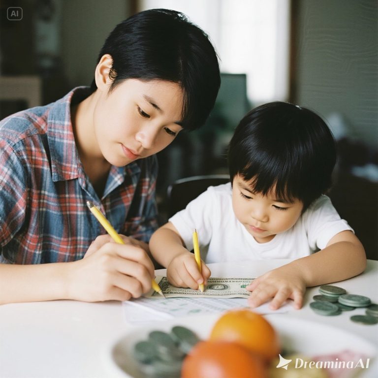 Ilustrasi keluarga kecil sedang mengatur keuangan dengan catatan anggaran, tabungan, dan investasi.