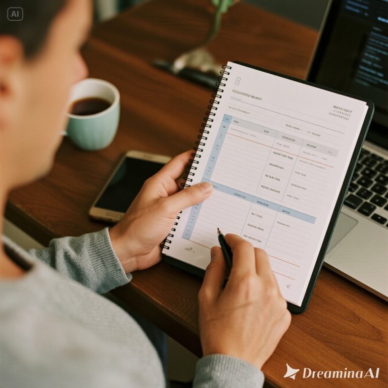 Ilustrasi seseorang menyusun anggaran bulanan dengan laptop, catatan, dan grafik keuangan.