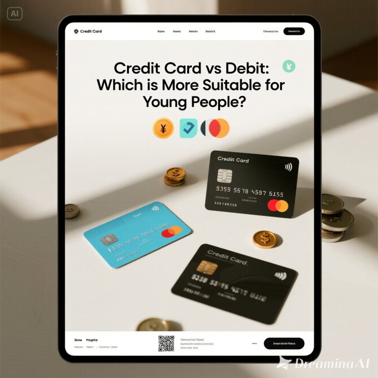 Ilustrasi perbandingan kartu kredit dan debit dengan ikon anak muda."