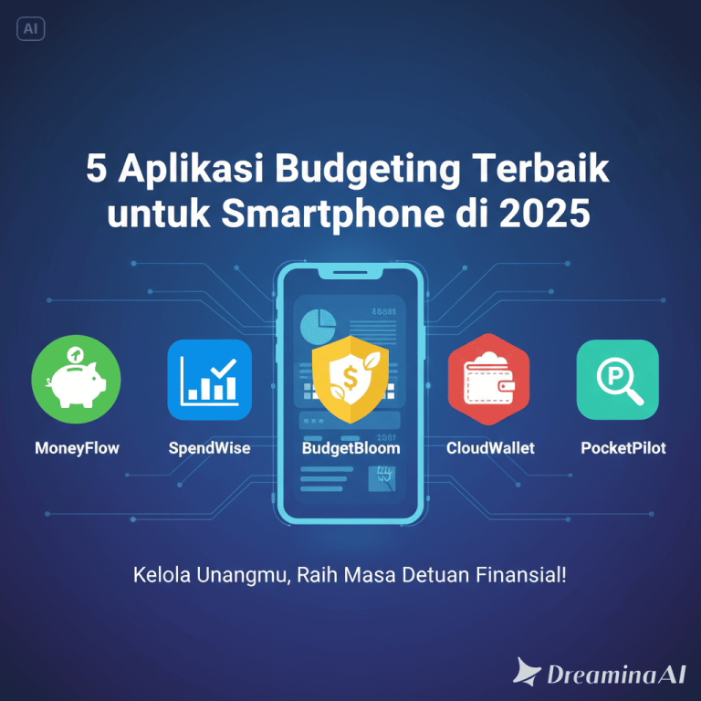 Kolase aplikasi budgeting di smartphone dengan grafik keuangan, dompet digital, dan AI assistant.