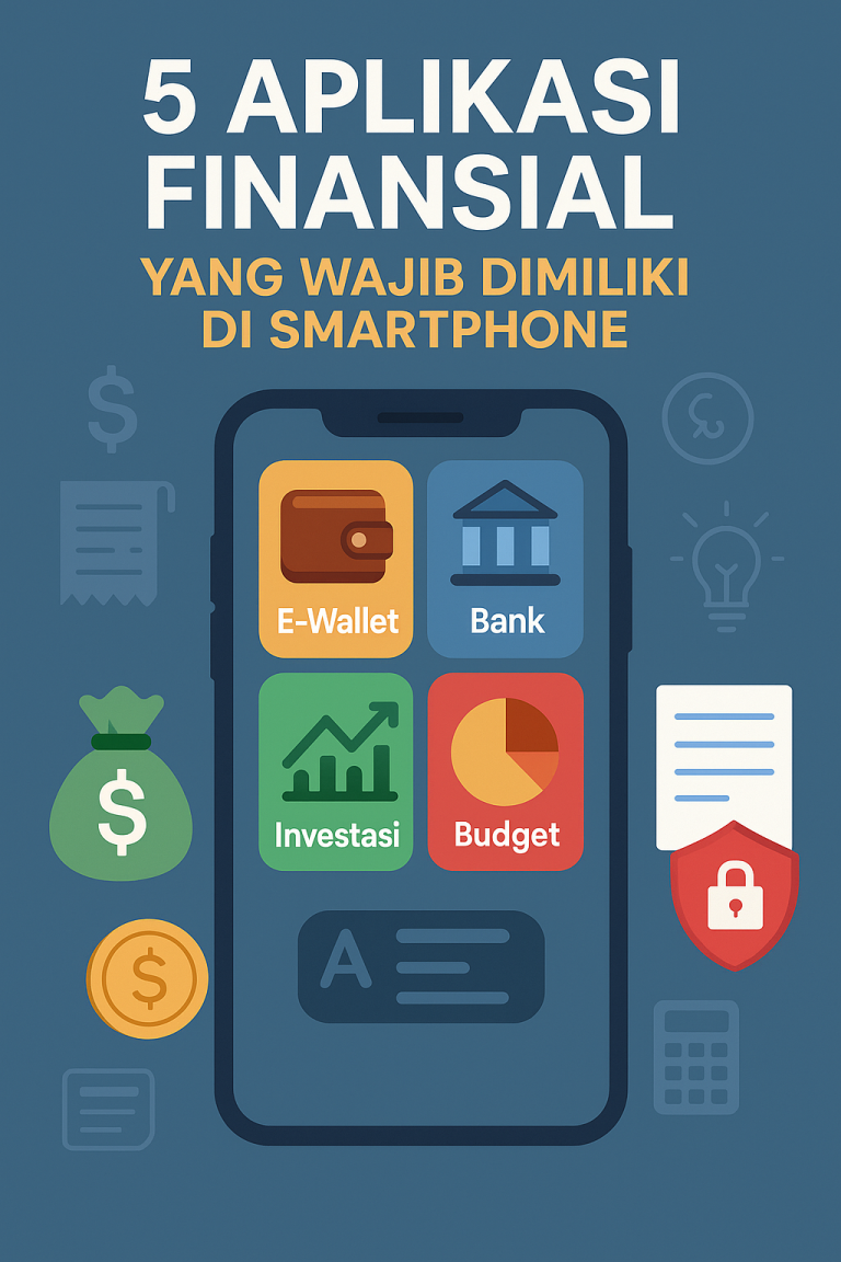 Infografis flat-style menampilkan smartphone dengan ikon aplikasi finansial: E-Wallet, Bank, Investasi, dan Budget, dikelilingi simbol uang, grafik, dan keamanan digital.