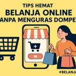 Ilustrasi belanja online dengan keranjang, smartphone, dan pembeli yang membawa tas belanja, menggambarkan cara hemat berbelanja online.