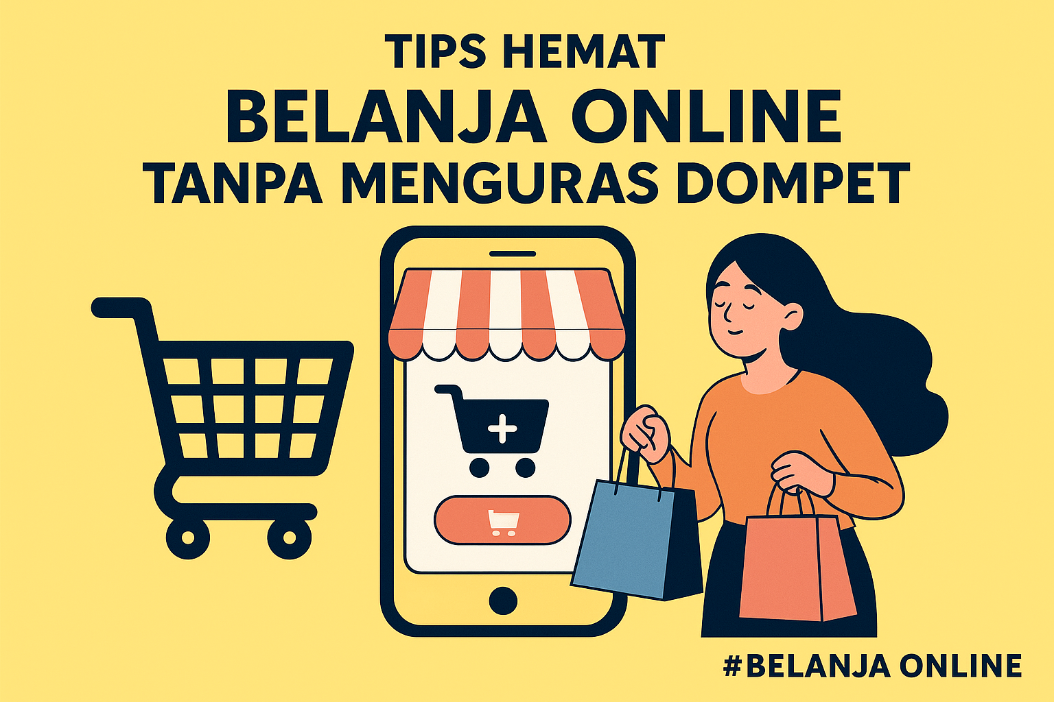 Ilustrasi belanja online dengan keranjang, smartphone, dan pembeli yang membawa tas belanja, menggambarkan cara hemat berbelanja online.