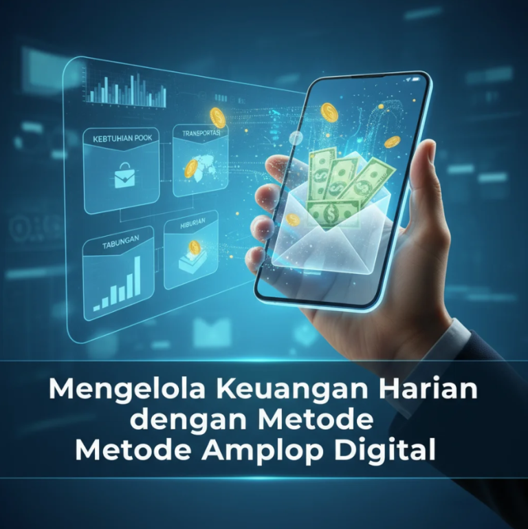 Tampilan layar smartphone dengan aplikasi pengatur keuangan yang menampilkan beberapa kategori amplop digital untuk pengeluaran harian.