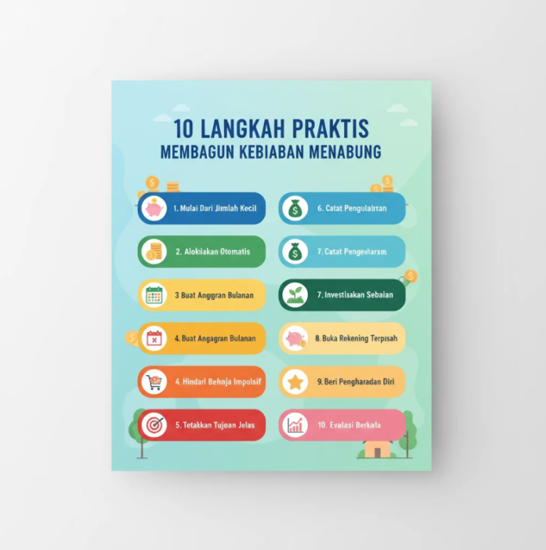 Seseorang memasukkan uang ke dalam celengan berbentuk toples di atas meja kerja dengan laptop dan catatan finansial.