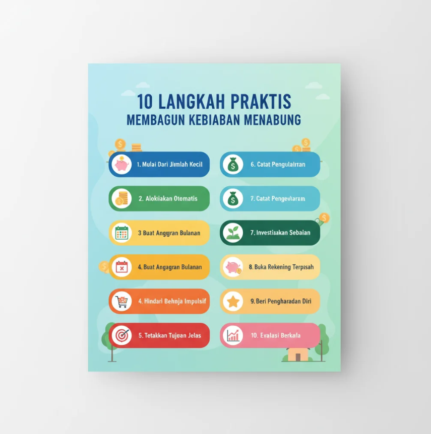 Seseorang memasukkan uang ke dalam celengan berbentuk toples di atas meja kerja dengan laptop dan catatan finansial.