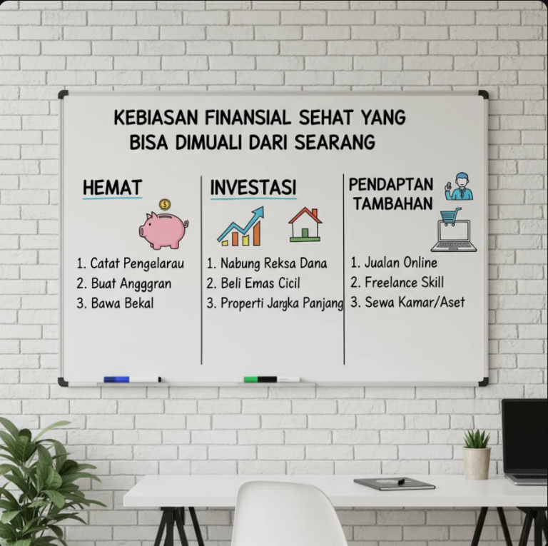 Seseorang mencatat rencana keuangan dengan kalkulator dan grafik pertumbuhan di atas meja.