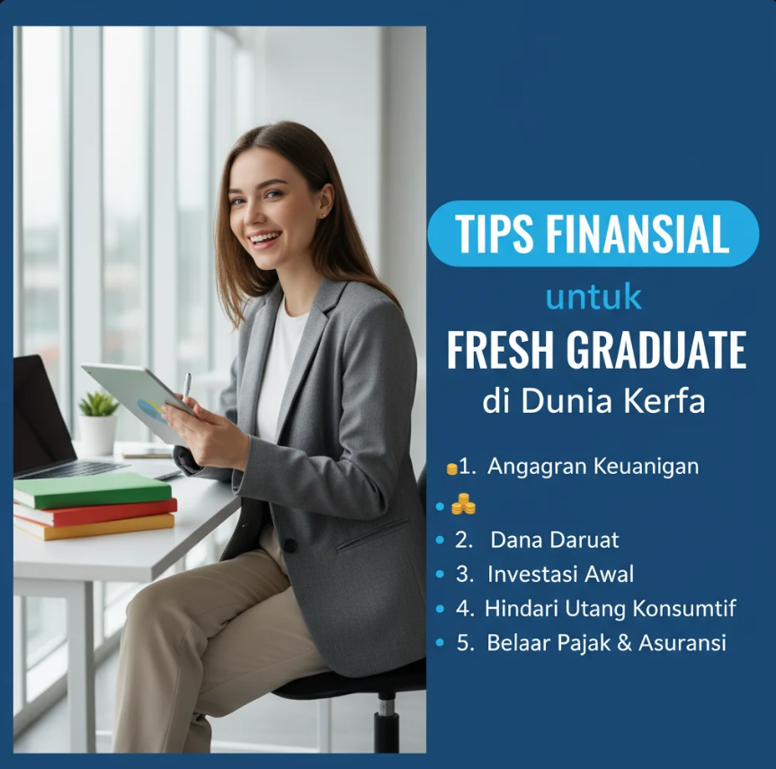 Ilustrasi anak muda memegang laptop sambil menghitung pengeluaran dan menulis rencana keuangan di meja kerja.