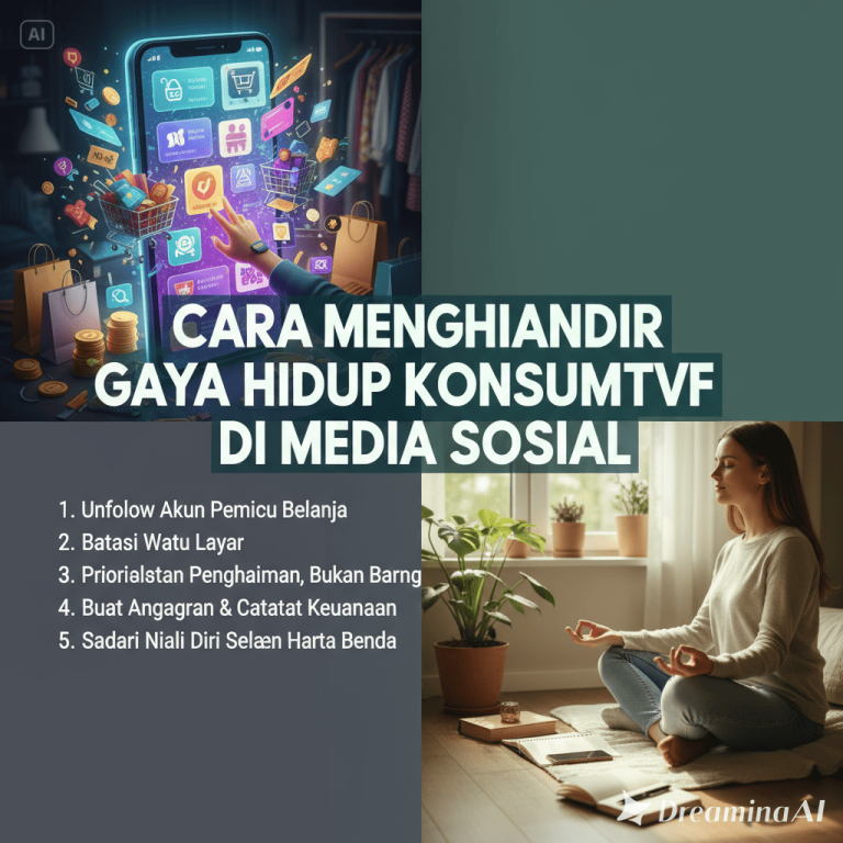 Ilustrasi seseorang menahan diri dari belanja online berlebihan di media sosial.
