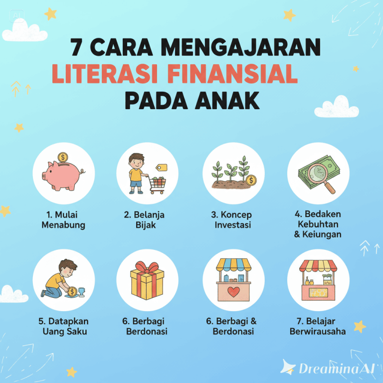 "Ilustrasi anak belajar literasi finansial dengan uang koin, celengan, dan orang tua.