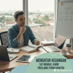 Ilustrasi freelancer mengatur keuangan dengan laptop, grafik, dan tabungan.