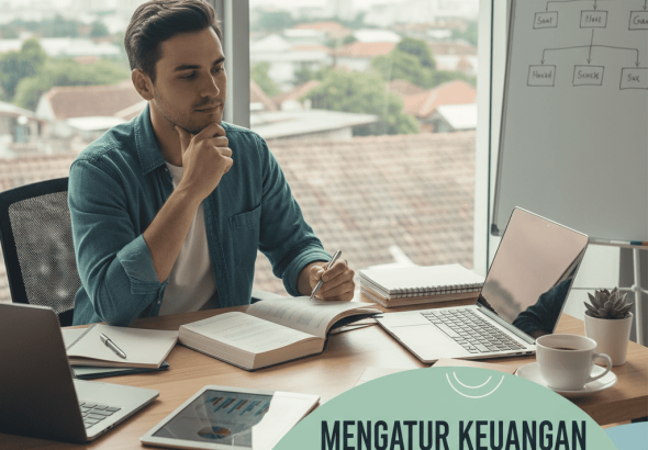 Ilustrasi freelancer mengatur keuangan dengan laptop, grafik, dan tabungan.