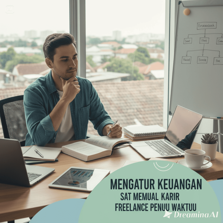 Ilustrasi freelancer mengatur keuangan dengan laptop, grafik, dan tabungan.
