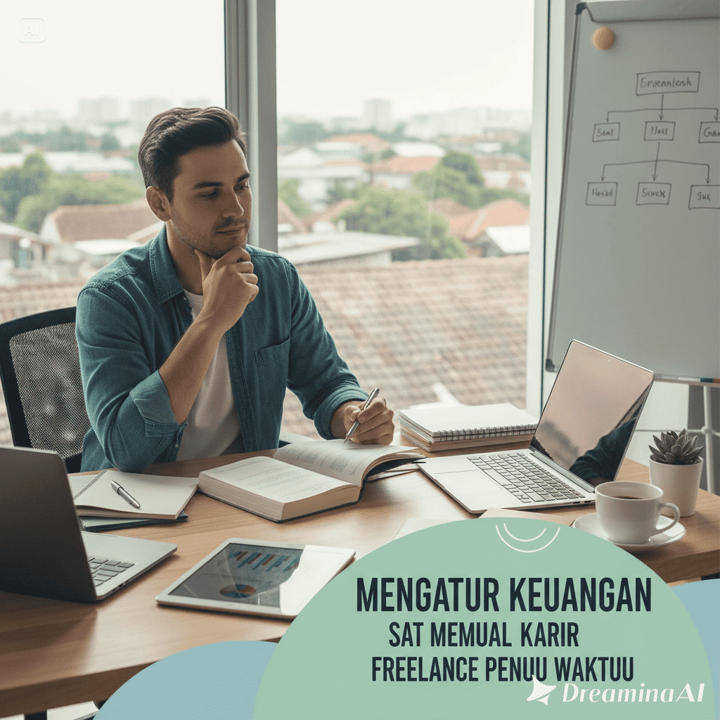 Ilustrasi freelancer mengatur keuangan dengan laptop, grafik, dan tabungan.