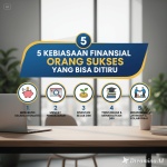 Ilustrasi seseorang mengatur keuangan dengan laptop, grafik investasi, dan catatan anggaran.