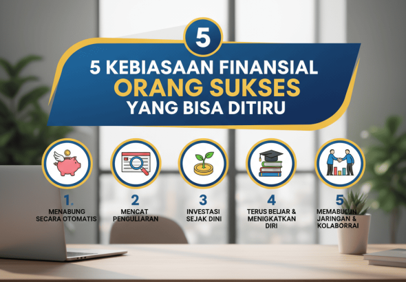 Ilustrasi seseorang mengatur keuangan dengan laptop, grafik investasi, dan catatan anggaran.