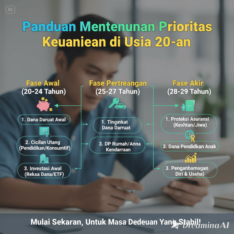 Ilustrasi pengelolaan keuangan untuk usia 20-an, termasuk tabungan, investasi, dan perencanaan finansial.