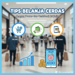 Ilustrasi promo dan cashback e-wallet dengan ikon smartphone, voucher, dan saldo digital.