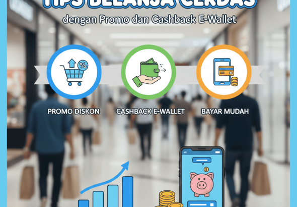 Ilustrasi promo dan cashback e-wallet dengan ikon smartphone, voucher, dan saldo digital.
