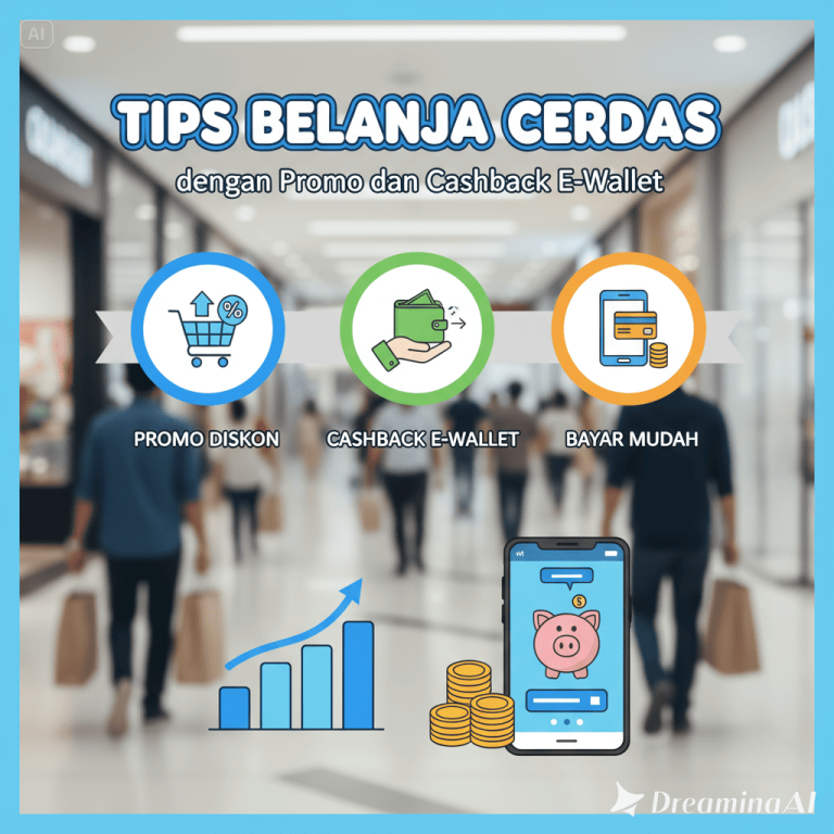 Ilustrasi promo dan cashback e-wallet dengan ikon smartphone, voucher, dan saldo digital.