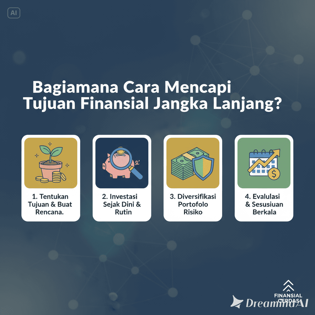 Ilustrasi perencanaan finansial jangka panjang dengan grafik pertumbuhan tabungan dan investasi.