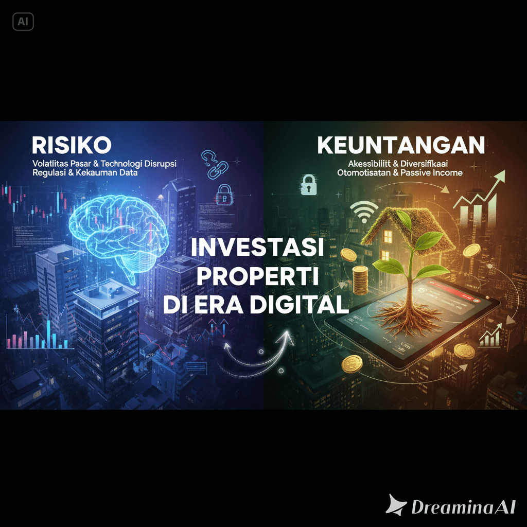 Ilustrasi investasi properti digital dengan smartphone, grafik pertumbuhan, dan gedung modern.