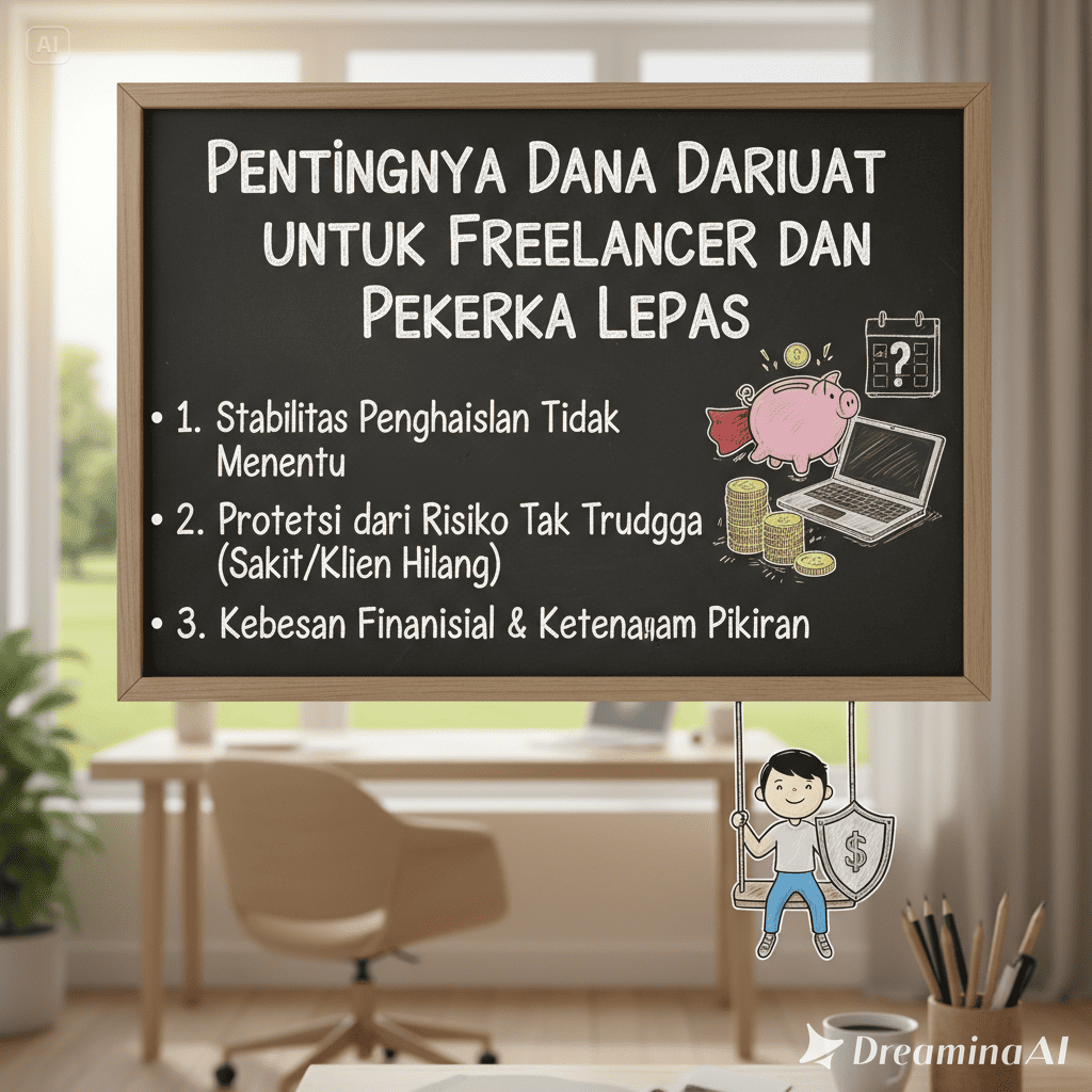 Ilustrasi freelancer menyimpan uang ke tabungan digital sebagai dana darurat dengan latar meja kerja.