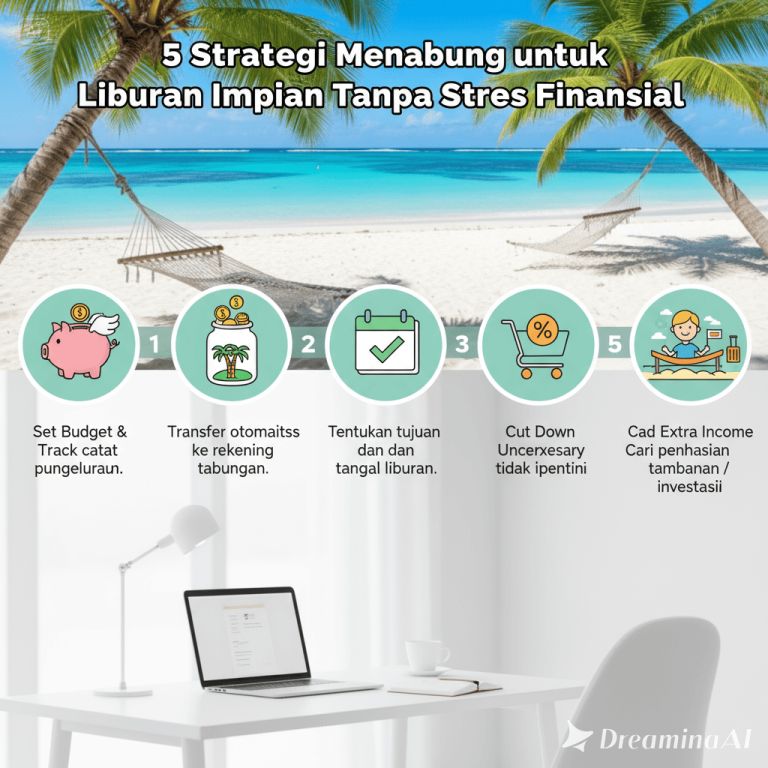 Ilustrasi seseorang menabung untuk liburan dengan celengan dan koper di samping peta dunia digital.