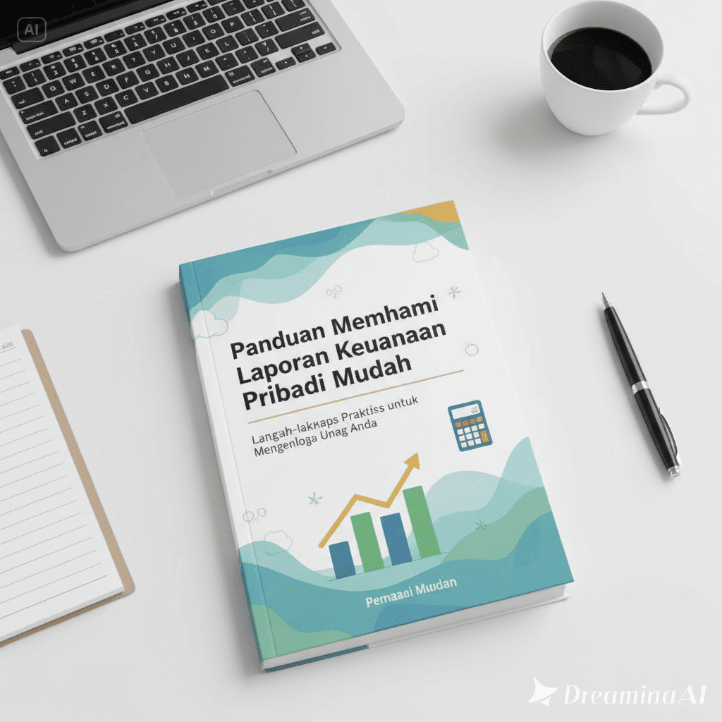 Ilustrasi seseorang menganalisis laporan keuangan pribadi di laptop dengan grafik dan tabel.