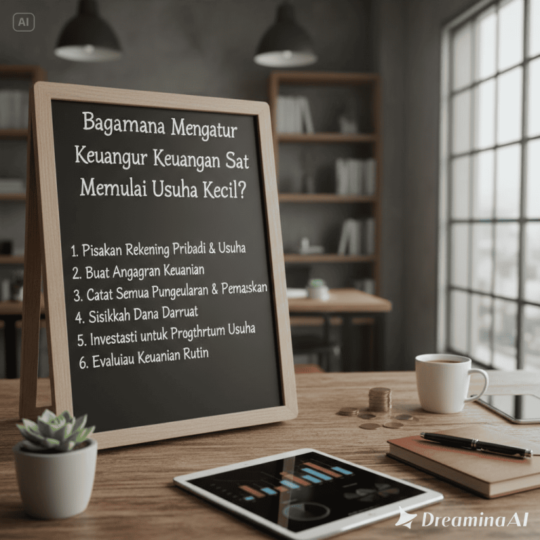 Ilustrasi pelaku usaha kecil mencatat keuangan di laptop dengan grafik pertumbuhan bisnis.