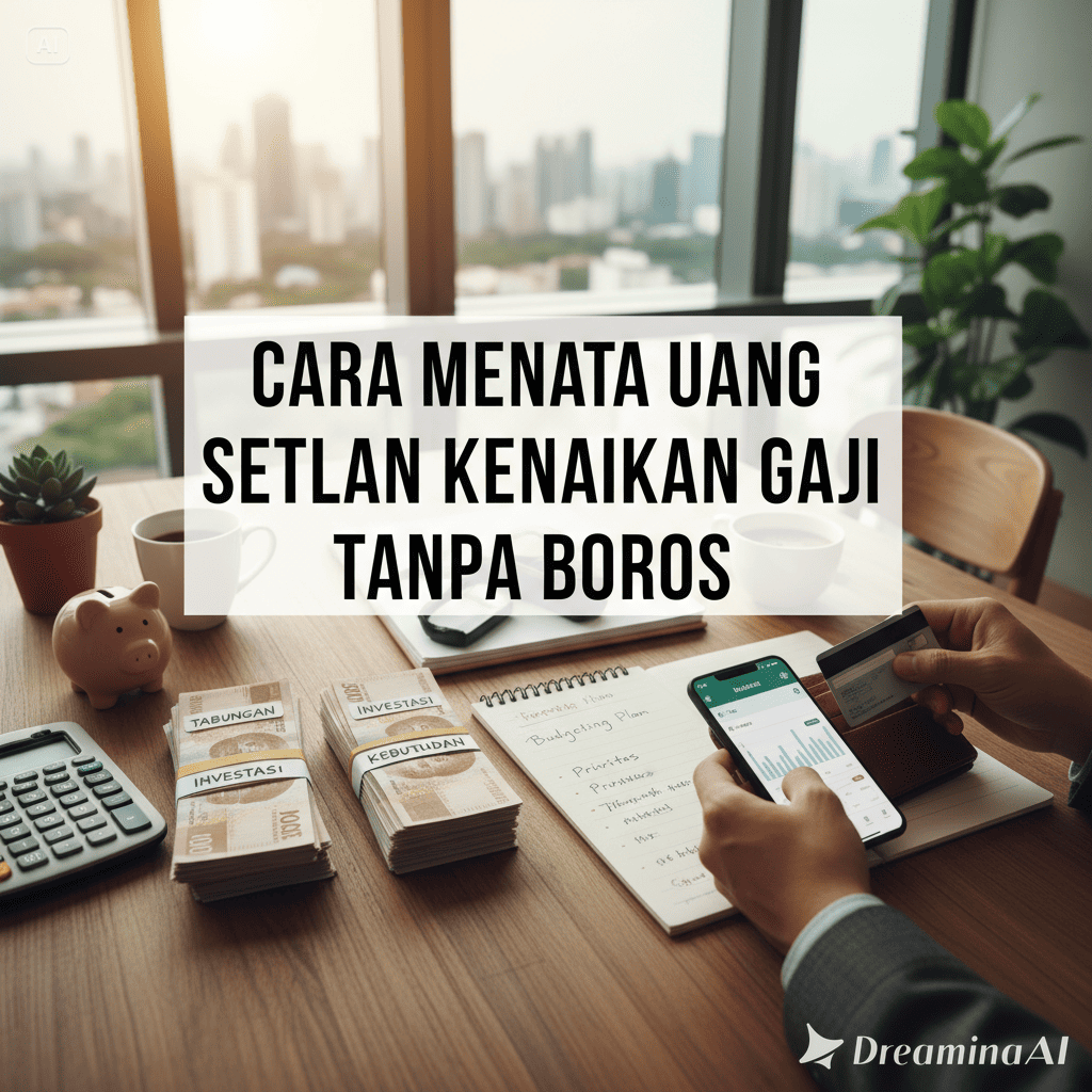 Ilustrasi seseorang mengatur keuangan di laptop setelah menerima kenaikan gaji.