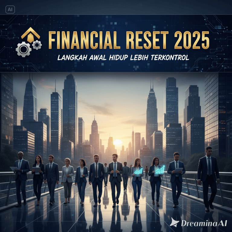 Ilustrasi seseorang menata dompet, catatan keuangan, dan grafik keuangan di layar laptop.