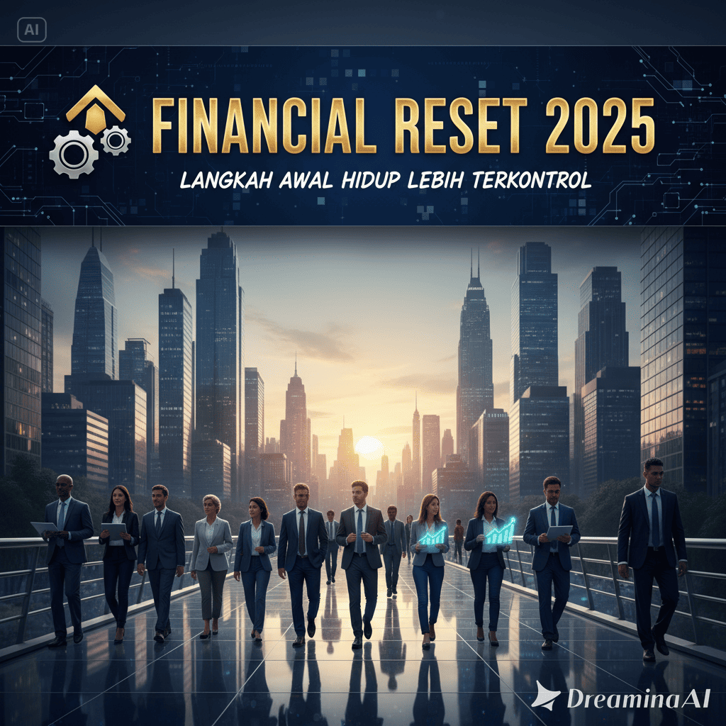 Ilustrasi seseorang menata dompet, catatan keuangan, dan grafik keuangan di layar laptop.