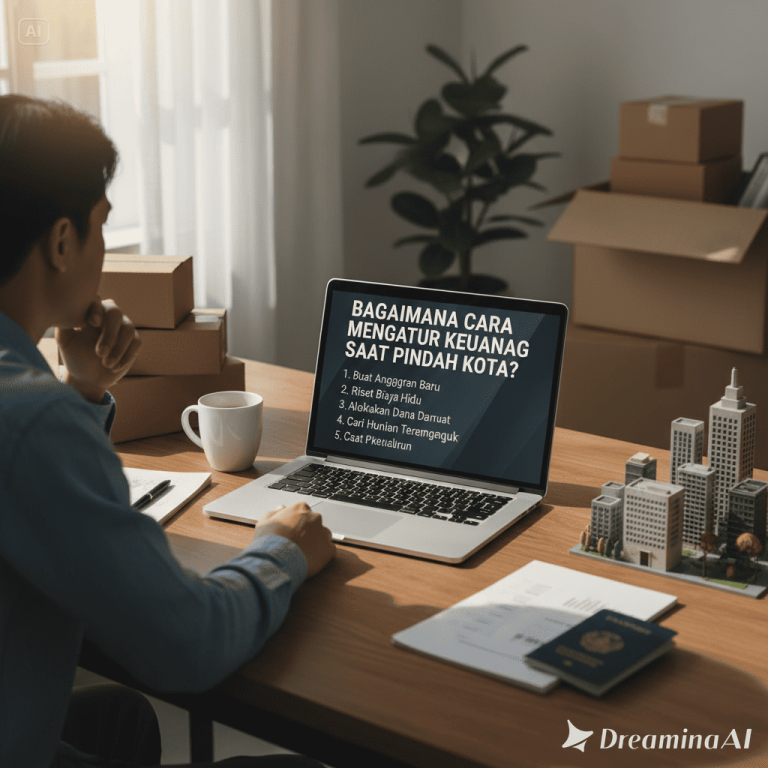 Ilustrasi seseorang mengepak barang sambil menghitung anggaran pindahan dengan laptop dan catatan keuangan.