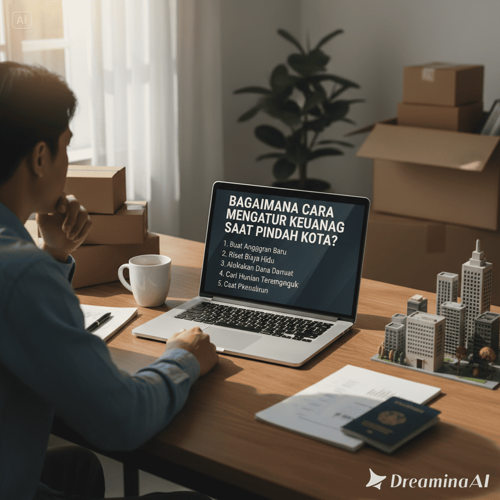 Ilustrasi seseorang mengepak barang sambil menghitung anggaran pindahan dengan laptop dan catatan keuangan.