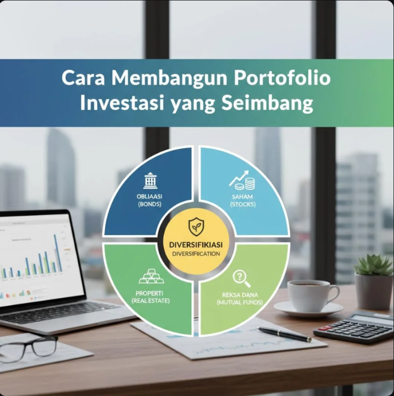 Ilustrasi portofolio investasi seimbang dengan saham, obligasi, dan aset alternatif