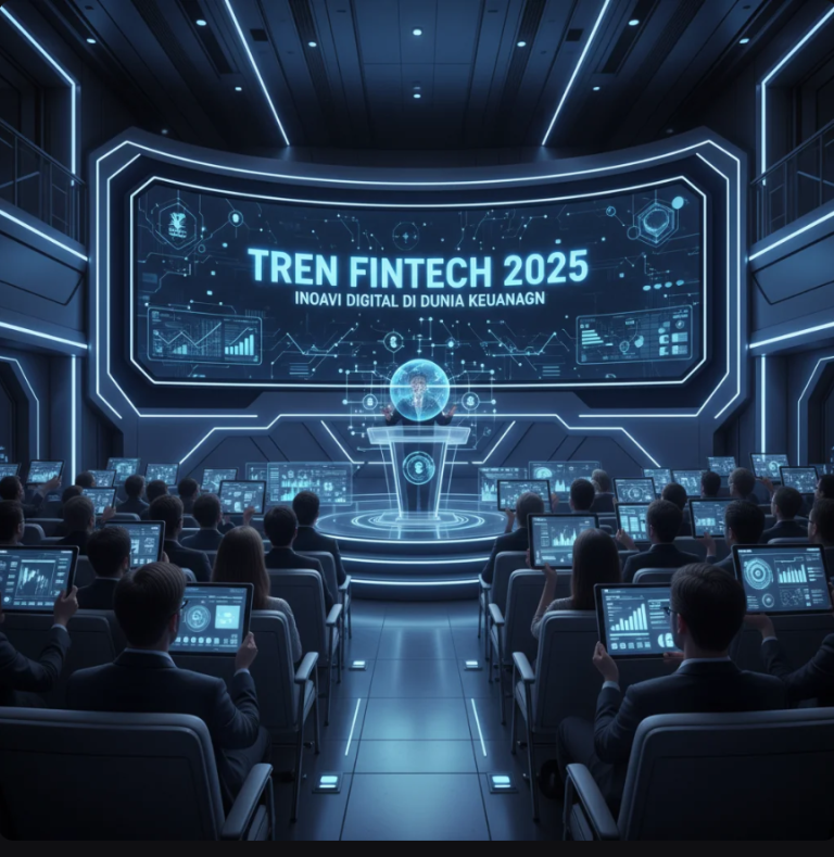 Tampilan antarmuka digital dengan grafik keuangan futuristik dan simbol AI serta blockchain.