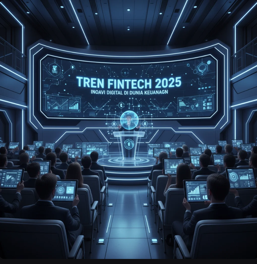 Tampilan antarmuka digital dengan grafik keuangan futuristik dan simbol AI serta blockchain.